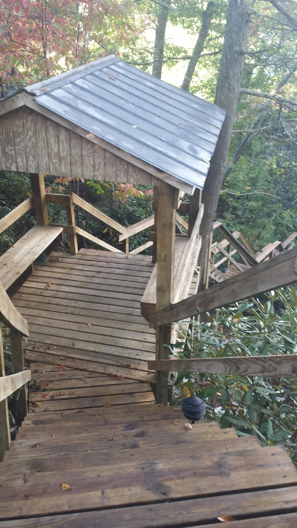 Metal roofed shelter over wooden steps on a wooded walkway — Skylight Repair & Installation work by our crew in La Vista